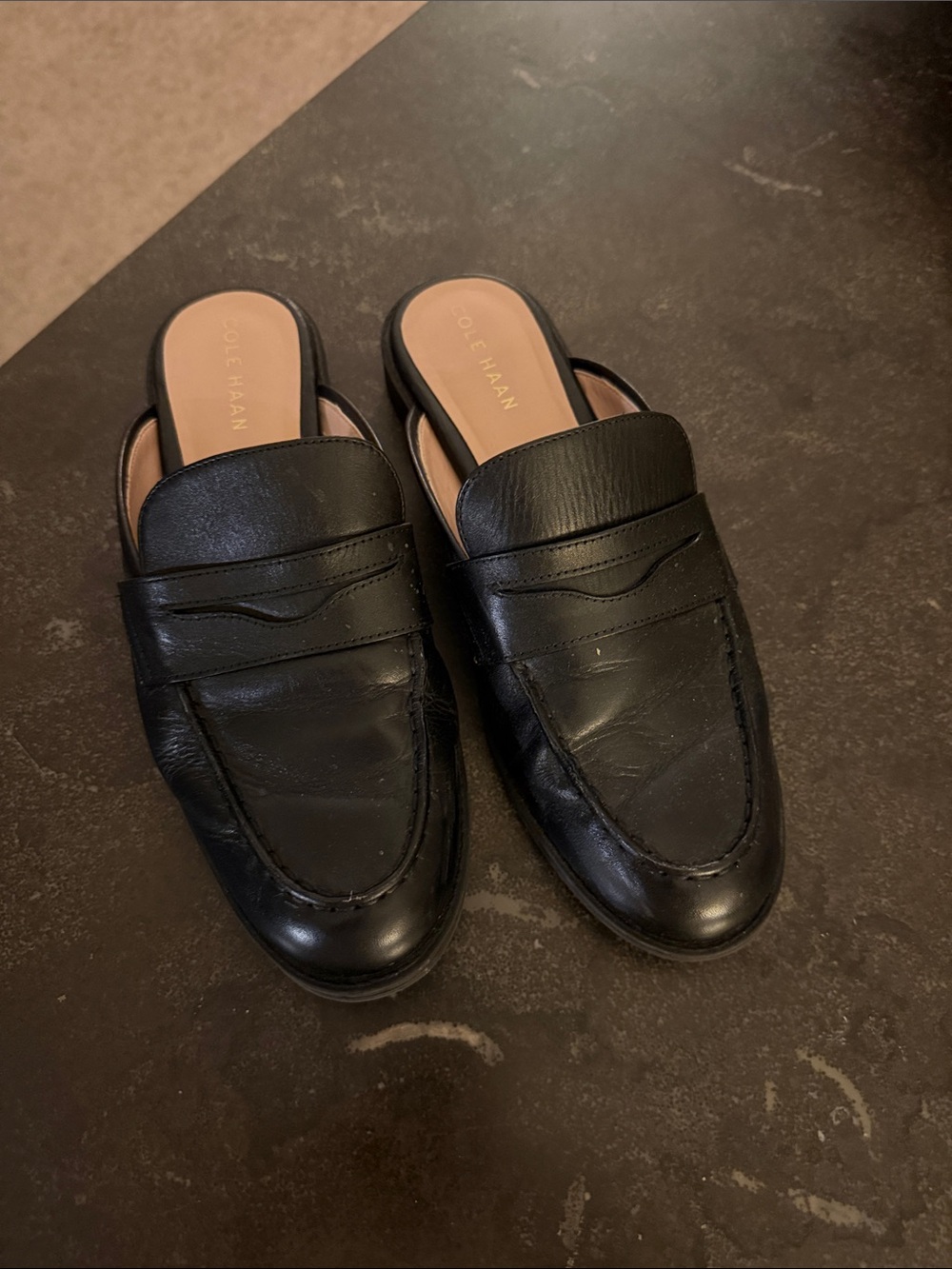 Cole Haan Black Leather Slip-On Penny Loafer Mules